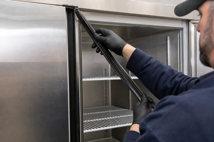 Action-oriented service photograph for “Boulder Restaurant Reach-In: From Failed Temperature Check to Sealed.” Show an experienced commercial refrigeration gasket technician carrying out the central inspection, measurement or service step described in “Boulder Restaurant Reach-In: From Failed Temperature Check to Sealed”. Include technician hands and only the appropriate practical tools where relevant, with the commercial refrigeration door or seal clearly visible and the process easy to understand from the image alone. Relevant equipment: Reach-in cooler or freezer, per the real job. Relevant manufacturers when naturally visible: Per the real job. Authentic field-service atmosphere, realistic equipment condition, no promotional posing, 16:9 landscape.