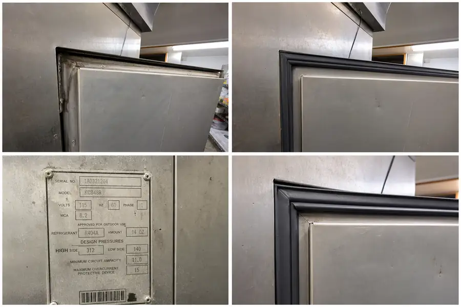 Editorial hero photograph for a commercial foodservice refrigeration article titled “Boulder Restaurant Reach-In: From Failed Temperature Check to Sealed.” Show Before and after of the same door from the same angle, required. Data plate photo. The fitted seal in place. Relevant equipment: Reach-in cooler or freezer, per the real job. Relevant manufacturers when naturally visible: Per the real job. Use an authentic restaurant, grocery, school-kitchen or foodservice setting, natural practical lighting, realistic wear and materials, documentary composition, no staged corporate poses, no added text, 16:9 landscape. When the brief requires technical proof, publication should use a real job-site photo instead of an invented representation.