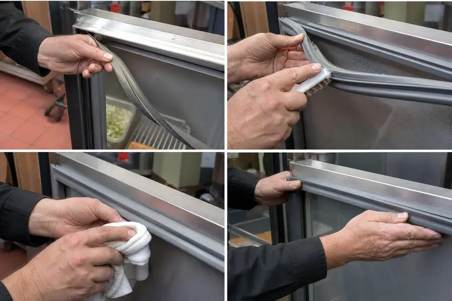 Action-oriented service photograph for “Cleaning Commercial Refrigerator Gaskets Without Destroying Them.” Show the four-minute routine in sequence. Include technician hands and only the appropriate practical tools where relevant, with the commercial refrigeration door or seal clearly visible and the process easy to understand from the image alone. Relevant equipment: Reach-ins; prep tables; drawers; glass display doors. Relevant manufacturers when naturally visible: Contextual. Authentic field-service atmosphere, realistic equipment condition, no promotional posing, 16:9 landscape.