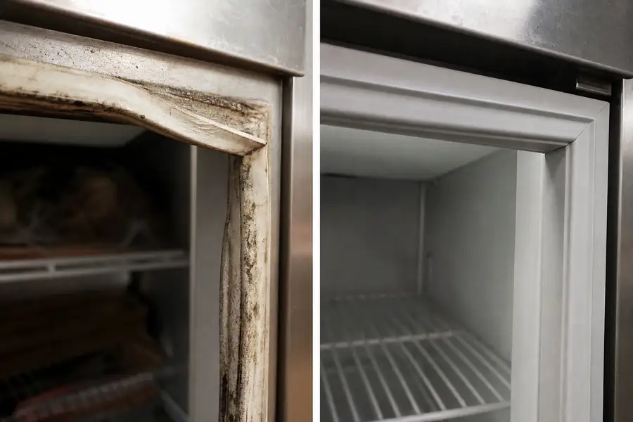 Editorial hero photograph for a commercial foodservice refrigeration article titled “Cleaning Commercial Refrigerator Gaskets Without Destroying Them.” Show Before and after of chemically damaged seal. Relevant equipment: Reach-ins; prep tables; drawers; glass display doors. Relevant manufacturers when naturally visible: Contextual. Use an authentic restaurant, grocery, school-kitchen or foodservice setting, natural practical lighting, realistic wear and materials, documentary composition, no staged corporate poses, no added text, 16:9 landscape. When the brief requires technical proof, publication should use a real job-site photo instead of an invented representation.