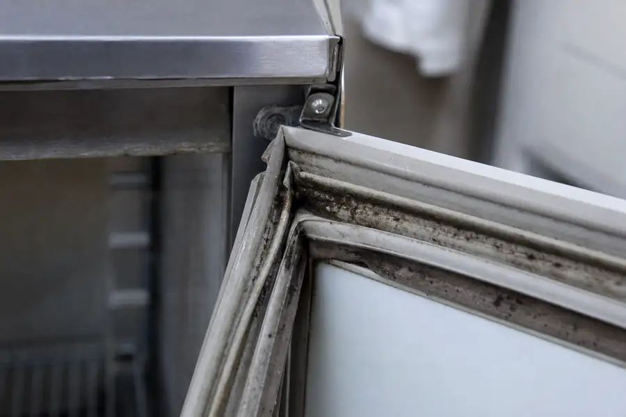 High-detail documentary for “Cleaning Commercial Refrigerator Gaskets Without Destroying Them.” Show mould in a fold with the compression gap visible. Focus on the gasket profile, mitre, magnetic strip, retaining channel, hinge, latch, measurement point or visible failure pattern that supports the article’s explanation. Relevant equipment: Reach-ins; prep tables; drawers; glass display doors. Relevant manufacturers when naturally visible: Contextual. Realistic commercial-kitchen surfaces, accurate proportions, no added labels or text, horizontal composition.
