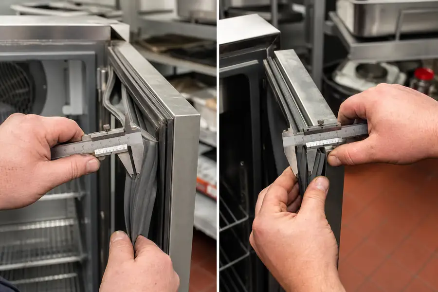 Action-oriented service photograph for “Commercial Refrigerator Door Not Sealing: Work Out Why in Five Minutes.” Show a compression-width comparison. Include technician hands and only the appropriate practical tools where relevant, with the commercial refrigeration door or seal clearly visible and the process easy to understand from the image alone. Relevant equipment: Reach-in coolers and freezers; prep tables; undercounter units. Relevant manufacturers when naturally visible: Contextual. Authentic field-service atmosphere, realistic equipment condition, no promotional posing, 16:9 landscape.