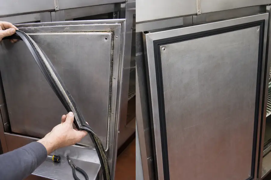 Action-oriented service photograph for “What Commercial Refrigerator Gasket Replacement Costs in Boulder County.” Show one before and after of a completed reach-in door. Include technician hands and only the appropriate practical tools where relevant, with the commercial refrigeration door or seal clearly visible and the process easy to understand from the image alone. Relevant equipment: Reach-in coolers and freezers; walk-ins; prep tables; glass display cases. Relevant manufacturers when naturally visible: Contextual only, no brand price list. Authentic field-service atmosphere, realistic equipment condition, no promotional posing, 16:9 landscape.