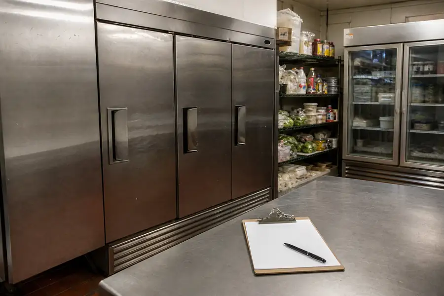 Editorial hero photograph for a commercial foodservice refrigeration article titled “What Commercial Refrigerator Gasket Replacement Costs in Boulder County.” Show Photo of a real quote sheet with client details removed. Relevant equipment: Reach-in coolers and freezers; walk-ins; prep tables; glass display cases. Relevant manufacturers when naturally visible: Contextual only, no brand price list. Use an authentic restaurant, grocery, school-kitchen or foodservice setting, natural practical lighting, realistic wear and materials, documentary composition, no staged corporate poses, no added text, 16:9 landscape. When the brief requires technical proof, publication should use a real job-site photo instead of an invented representation.