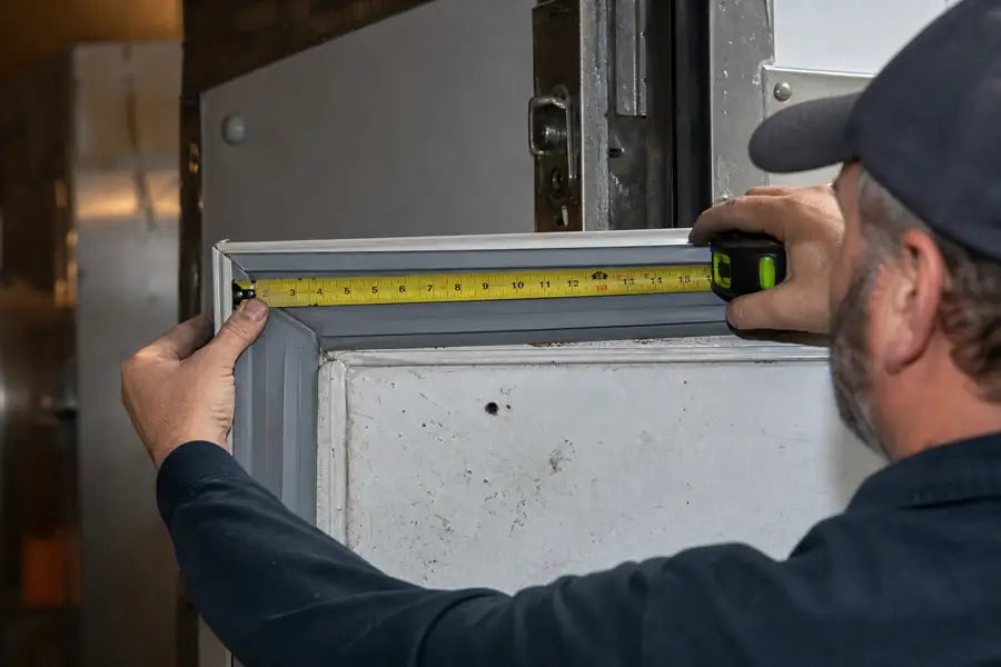 Action-oriented service photograph for “Dart to Dart or Outside Edge: Why Two Suppliers Quote Different Sizes.” Show an experienced commercial refrigeration gasket technician carrying out the central inspection, measurement or service step described in “Dart to Dart or Outside Edge: Why Two Suppliers Quote Different Sizes”. Include technician hands and only the appropriate practical tools where relevant, with the commercial refrigeration door or seal clearly visible and the process easy to understand from the image alone. Relevant equipment: Reach-ins; prep tables; walk-in swing doors; merchandisers. Relevant manufacturers when naturally visible: True as the worked dart-to-dart example. Authentic field-service atmosphere, realistic equipment condition, no promotional posing, 16:9 landscape.