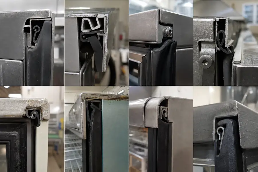 Editorial hero photograph for a commercial foodservice refrigeration article titled “Gasket Mounting Profiles: Snap-In, Push-In, Screw-In and Compression.” Show 8 cross-section photographs. Relevant equipment: All 20 unit types in the catalogue. Relevant manufacturers when naturally visible: True (snap-in dominant), Traulsen, Delfield, Anthony, Bally. Use an authentic restaurant, grocery, school-kitchen or foodservice setting, natural practical lighting, realistic wear and materials, documentary composition, no staged corporate poses, no added text, 16:9 landscape. When the brief requires technical proof, publication should use a real job-site photo instead of an invented representation.