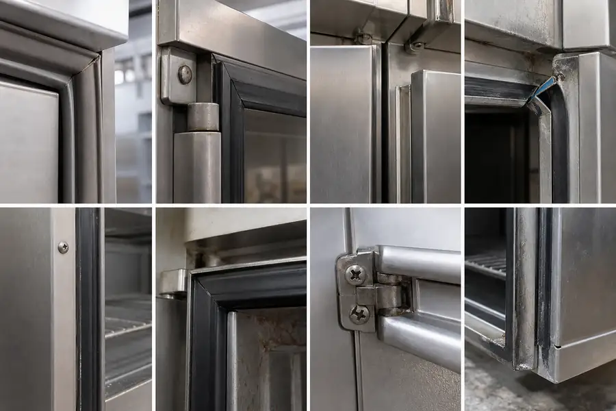 High-detail documentary for “Gasket Mounting Profiles: Snap-In, Push-In, Screw-In and Compression.” Show 8 in-situ channel photographs. Focus on the gasket profile, mitre, magnetic strip, retaining channel, hinge, latch, measurement point or visible failure pattern that supports the article’s explanation. Relevant equipment: All 20 unit types in the catalogue. Relevant manufacturers when naturally visible: True (snap-in dominant), Traulsen, Delfield, Anthony, Bally. Realistic commercial-kitchen surfaces, accurate proportions, no added labels or text, horizontal composition.