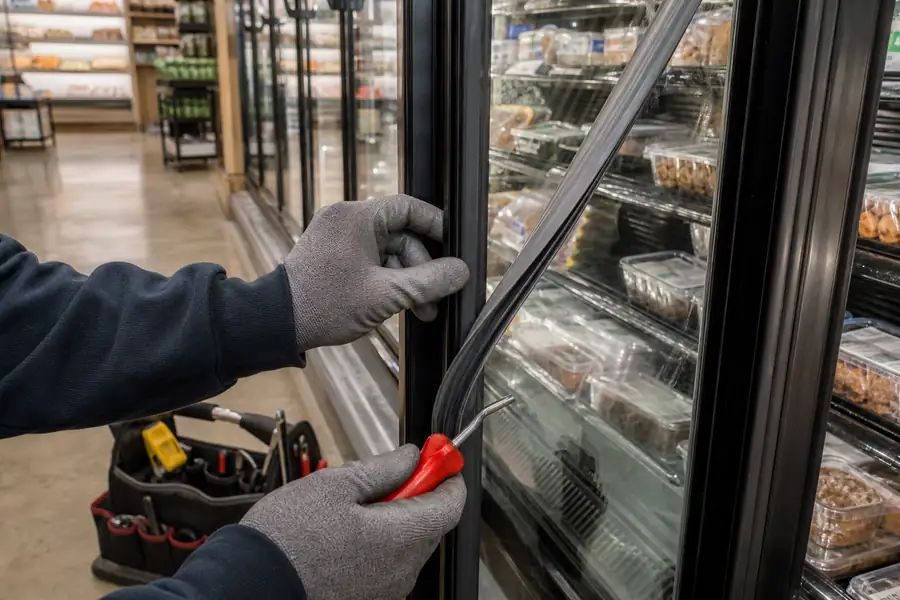 Action-oriented service photograph for “Grocery Glass Door Run: Twelve Doors, One Visit.” Show the survey sheet with client details removed. Include technician hands and only the appropriate practical tools where relevant, with the commercial refrigeration door or seal clearly visible and the process easy to understand from the image alone. Relevant equipment: Glass door merchandisers and display cases. Relevant manufacturers when naturally visible: Per the real job, likely Anthony, Structural Concepts or True. Authentic field-service atmosphere, realistic equipment condition, no promotional posing, 16:9 landscape.