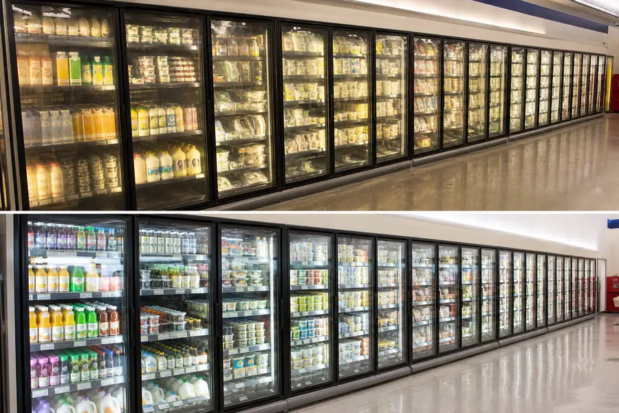 Editorial hero photograph for a commercial foodservice refrigeration article titled “Grocery Glass Door Run: Twelve Doors, One Visit.” Show The full door run before and after. Relevant equipment: Glass door merchandisers and display cases. Relevant manufacturers when naturally visible: Per the real job, likely Anthony, Structural Concepts or True. Use an authentic restaurant, grocery, school-kitchen or foodservice setting, natural practical lighting, realistic wear and materials, documentary composition, no staged corporate poses, no added text, 16:9 landscape. When the brief requires technical proof, publication should use a real job-site photo instead of an invented representation.