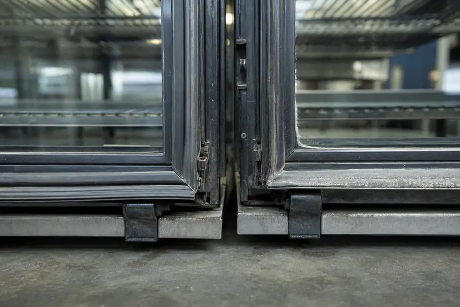 High-detail documentary for “Grocery Glass Door Run: Twelve Doors, One Visit.” Show a showing variation between doors. Focus on the gasket profile, mitre, magnetic strip, retaining channel, hinge, latch, measurement point or visible failure pattern that supports the article’s explanation. Relevant equipment: Glass door merchandisers and display cases. Relevant manufacturers when naturally visible: Per the real job, likely Anthony, Structural Concepts or True. Realistic commercial-kitchen surfaces, accurate proportions, no added labels or text, horizontal composition.