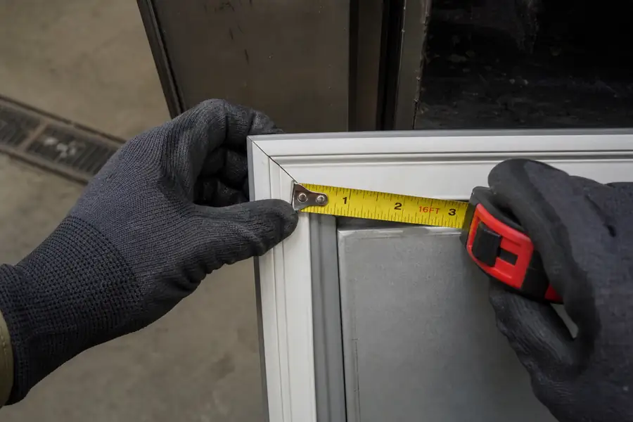 Action-oriented service photograph for “How to Measure a Commercial Refrigerator Gasket Correctly.” Show corner mitre . Include technician hands and only the appropriate practical tools where relevant, with the commercial refrigeration door or seal clearly visible and the process easy to understand from the image alone. Relevant equipment: Reach-in coolers and freezers; prep tables; undercounter units; walk-in swing doors. Relevant manufacturers when naturally visible: True, Traulsen, Turbo Air used as worked examples. Authentic field-service atmosphere, realistic equipment condition, no promotional posing, 16:9 landscape.