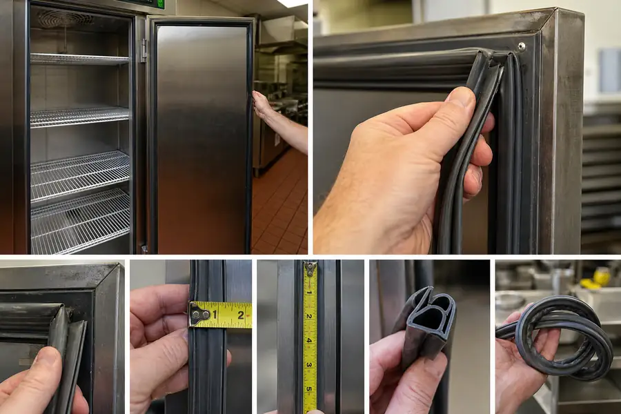 Editorial hero photograph for a commercial foodservice refrigeration article titled “How to Measure a Commercial Refrigerator Gasket Correctly.” Show 6 to 8 step photos on a real unit. Relevant equipment: Reach-in coolers and freezers; prep tables; undercounter units; walk-in swing doors. Relevant manufacturers when naturally visible: True, Traulsen, Turbo Air used as worked examples. Use an authentic restaurant, grocery, school-kitchen or foodservice setting, natural practical lighting, realistic wear and materials, documentary composition, no staged corporate poses, no added text, 16:9 landscape. When the brief requires technical proof, publication should use a real job-site photo instead of an invented representation.