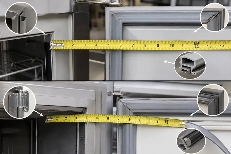 High-detail documentary for “How to Measure a Commercial Refrigerator Gasket Correctly.” Show two annotated diagrams showing outside-edge and dart-to-dart. Focus on the gasket profile, mitre, magnetic strip, retaining channel, hinge, latch, measurement point or visible failure pattern that supports the article’s explanation. Relevant equipment: Reach-in coolers and freezers; prep tables; undercounter units; walk-in swing doors. Relevant manufacturers when naturally visible: True, Traulsen, Turbo Air used as worked examples. Realistic commercial-kitchen surfaces, accurate proportions, no added labels or text, horizontal composition.