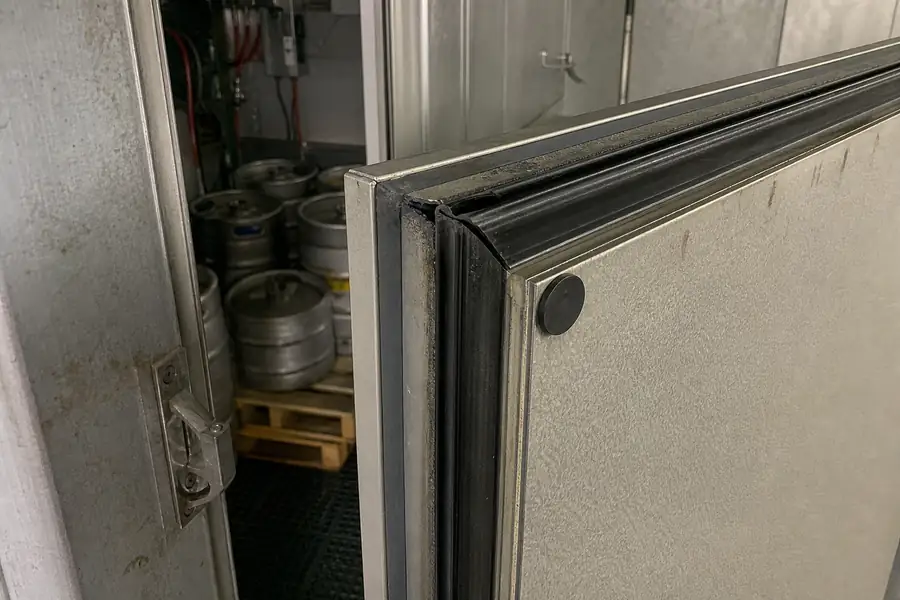 High-detail documentary for “Longmont Brewery Walk-In: Resealing a Door That Never Stopped Moving.” Show the walk-in in its production context. Focus on the gasket profile, mitre, magnetic strip, retaining channel, hinge, latch, measurement point or visible failure pattern that supports the article’s explanation. Relevant equipment: Walk-in cooler, keg cooler or merchandiser per the real job. Relevant manufacturers when naturally visible: Per the real job, likely Kolpak, Nor-Lake or Beverage-Air. Realistic commercial-kitchen surfaces, accurate proportions, no added labels or text, horizontal composition.