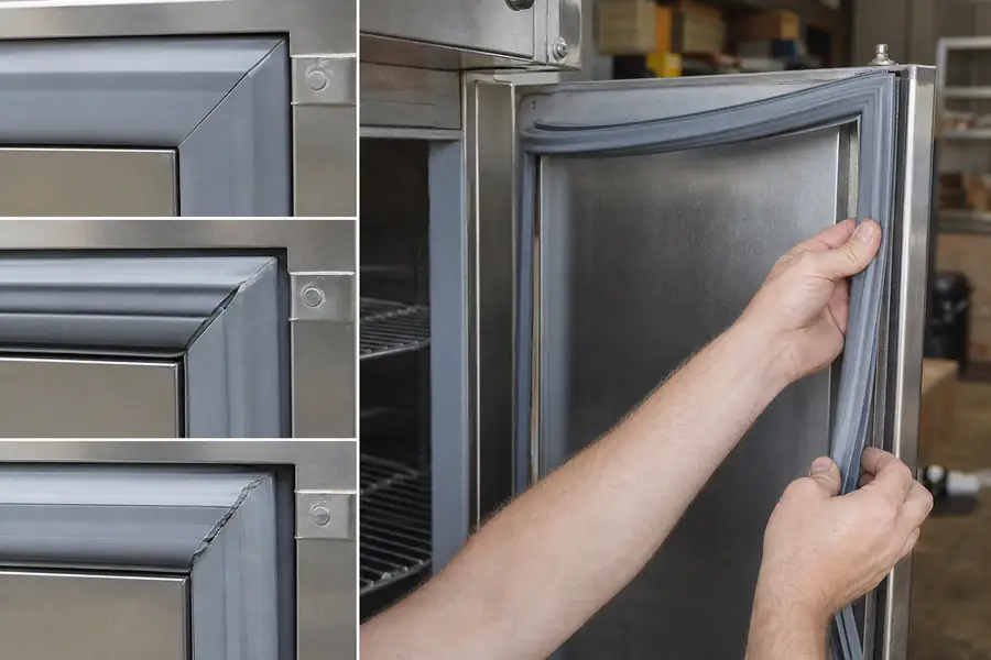 Action-oriented service photograph for “OEM, Aftermarket or Custom Cut: Choosing a Commercial Gasket.” Show corner mitre comparison. Include technician hands and only the appropriate practical tools where relevant, with the commercial refrigeration door or seal clearly visible and the process easy to understand from the image alone. Relevant equipment: All unit types. Relevant manufacturers when naturally visible: True, Traulsen, Turbo Air, Delfield as OEM reference points. Authentic field-service atmosphere, realistic equipment condition, no promotional posing, 16:9 landscape.