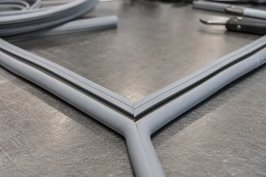 High-detail documentary for “OEM, Aftermarket or Custom Cut: Choosing a Commercial Gasket.” Show fabrication in progress. Focus on the gasket profile, mitre, magnetic strip, retaining channel, hinge, latch, measurement point or visible failure pattern that supports the article’s explanation. Relevant equipment: All unit types. Relevant manufacturers when naturally visible: True, Traulsen, Turbo Air, Delfield as OEM reference points. Realistic commercial-kitchen surfaces, accurate proportions, no added labels or text, horizontal composition.