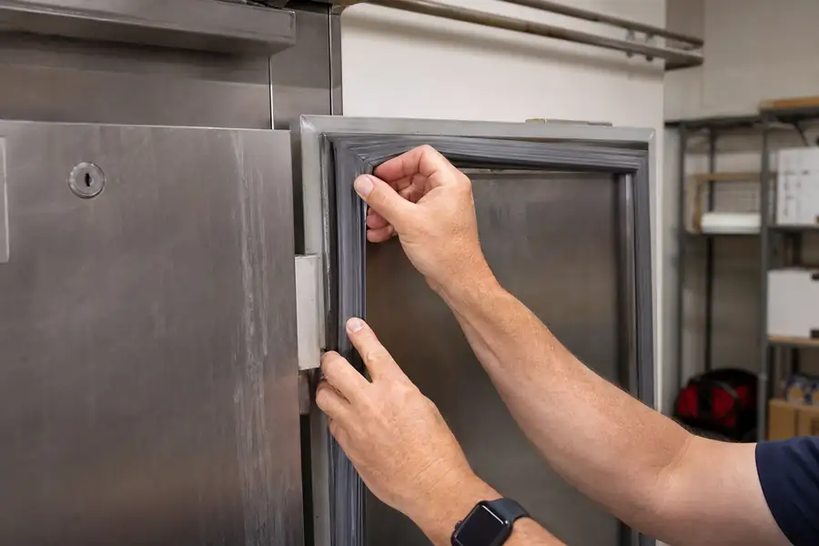 Action-oriented service photograph for “Can a Commercial Gasket Be Repaired, or Does It Need Replacing?.” Show a corner reseated correctly. Include technician hands and only the appropriate practical tools where relevant, with the commercial refrigeration door or seal clearly visible and the process easy to understand from the image alone. Relevant equipment: Reach-ins; walk-ins; prep tables. Relevant manufacturers when naturally visible: Contextual. Authentic field-service atmosphere, realistic equipment condition, no promotional posing, 16:9 landscape.