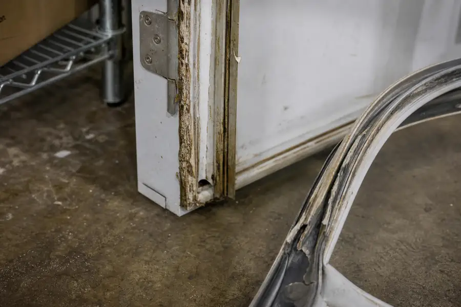 Editorial hero photograph for a commercial foodservice refrigeration article titled “Can a Commercial Gasket Be Repaired, or Does It Need Replacing?.” Show Channel damage from adhesive. Relevant equipment: Reach-ins; walk-ins; prep tables. Relevant manufacturers when naturally visible: Contextual. Use an authentic restaurant, grocery, school-kitchen or foodservice setting, natural practical lighting, realistic wear and materials, documentary composition, no staged corporate poses, no added text, 16:9 landscape. When the brief requires technical proof, publication should use a real job-site photo instead of an invented representation.