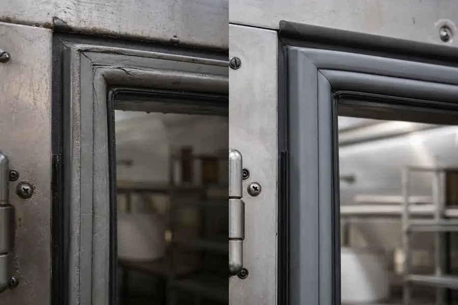 High-detail documentary for “Can a Commercial Gasket Be Repaired, or Does It Need Replacing?.” Show compression-set comparison. Focus on the gasket profile, mitre, magnetic strip, retaining channel, hinge, latch, measurement point or visible failure pattern that supports the article’s explanation. Relevant equipment: Reach-ins; walk-ins; prep tables. Relevant manufacturers when naturally visible: Contextual. Realistic commercial-kitchen surfaces, accurate proportions, no added labels or text, horizontal composition.
