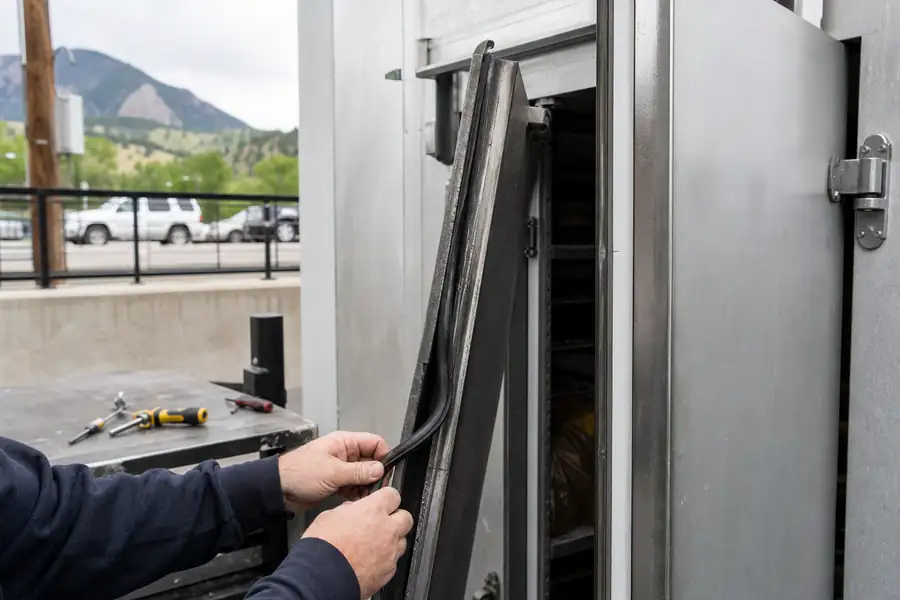 Action-oriented service photograph for “Why Front Range Kitchens Lose Door Seals in Summer.” Show a Boulder County kitchen exterior for local proof. Include technician hands and only the appropriate practical tools where relevant, with the commercial refrigeration door or seal clearly visible and the process easy to understand from the image alone. Relevant equipment: Walk-ins; reach-ins; glass display. Relevant manufacturers when naturally visible: Contextual. Authentic field-service atmosphere, realistic equipment condition, no promotional posing, 16:9 landscape.
