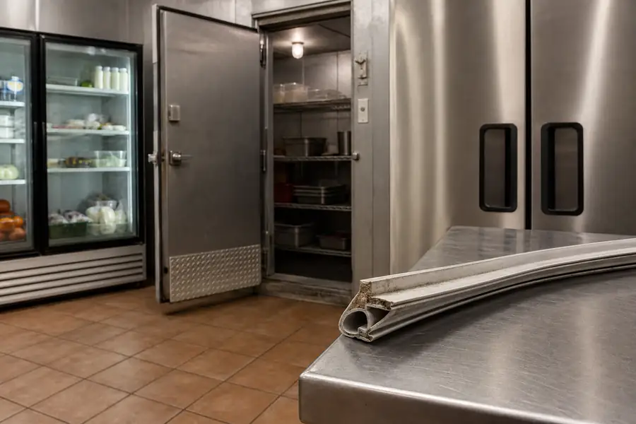 Editorial hero photograph for a commercial foodservice refrigeration article titled “Why Front Range Kitchens Lose Door Seals in Summer.” Show Hardened seal cross section. Relevant equipment: Walk-ins; reach-ins; glass display. Relevant manufacturers when naturally visible: Contextual. Use an authentic restaurant, grocery, school-kitchen or foodservice setting, natural practical lighting, realistic wear and materials, documentary composition, no staged corporate poses, no added text, 16:9 landscape. When the brief requires technical proof, publication should use a real job-site photo instead of an invented representation.