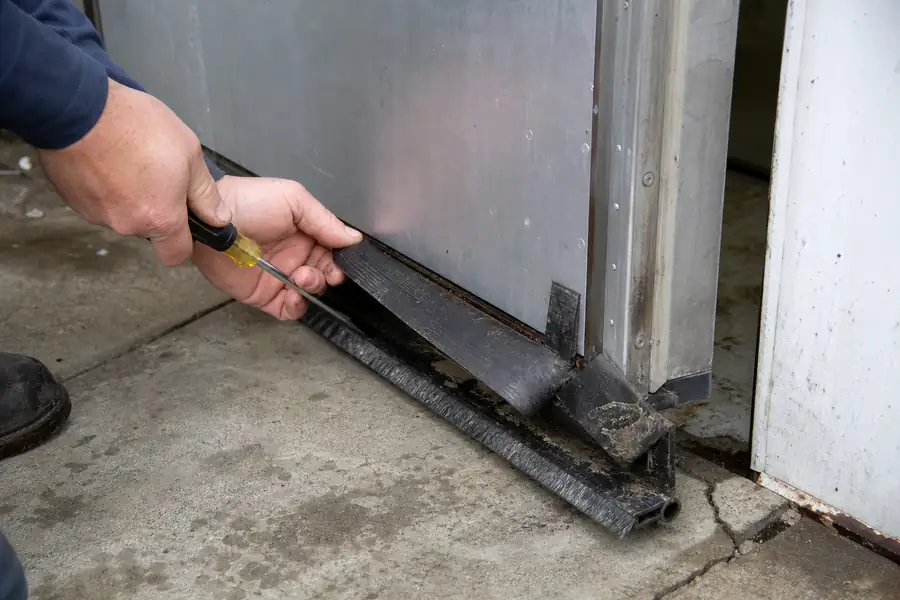 Action-oriented service photograph for “Walk-In Cooler Door Problems and What Each One Is Telling You.” Show sweep wear . Include technician hands and only the appropriate practical tools where relevant, with the commercial refrigeration door or seal clearly visible and the process easy to understand from the image alone. Relevant equipment: Walk-in coolers and freezers; swing doors; sliding doors; site-built doors. Relevant manufacturers when naturally visible: Kolpak, Nor-Lake, Master-Bilt, Bally. Authentic field-service atmosphere, realistic equipment condition, no promotional posing, 16:9 landscape.