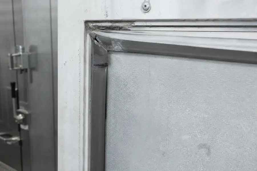 High-detail documentary for “Walk-In Cooler Door Problems and What Each One Is Telling You.” Show one photo per failure. Focus on the gasket profile, mitre, magnetic strip, retaining channel, hinge, latch, measurement point or visible failure pattern that supports the article’s explanation. Relevant equipment: Walk-in coolers and freezers; swing doors; sliding doors; site-built doors. Relevant manufacturers when naturally visible: Kolpak, Nor-Lake, Master-Bilt, Bally. Realistic commercial-kitchen surfaces, accurate proportions, no added labels or text, horizontal composition.