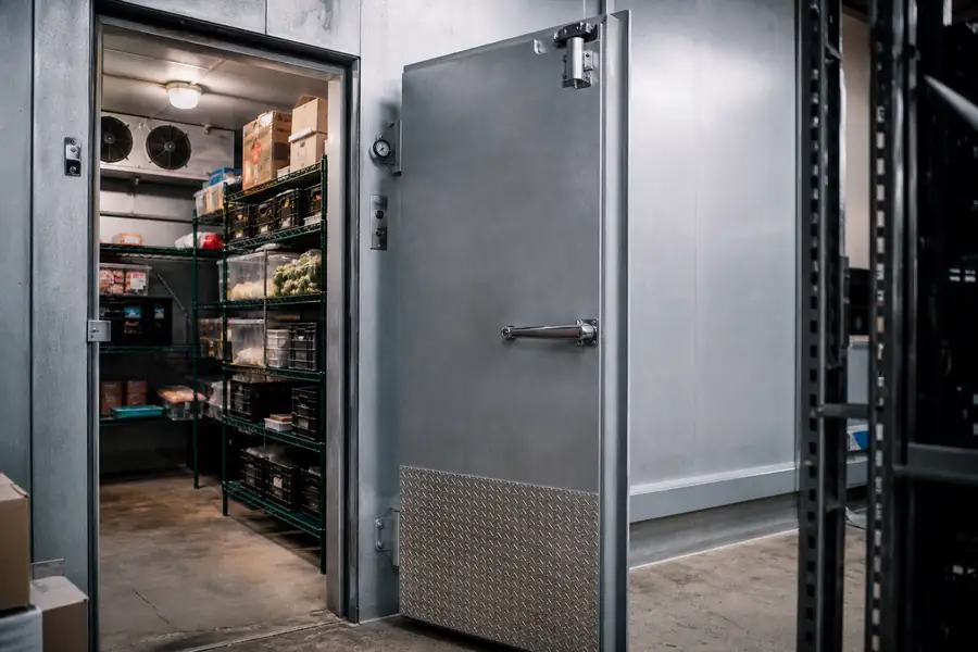 Editorial hero photograph for a commercial foodservice refrigeration article titled “The Walk-In Door Maintenance Checklist for Commercial Kitchens.” Show Photographs illustrating each of the eleven checks. Relevant equipment: Walk-in coolers and freezers. Relevant manufacturers when naturally visible: Kolpak, Nor-Lake, Master-Bilt, Bally. Use an authentic restaurant, grocery, school-kitchen or foodservice setting, natural practical lighting, realistic wear and materials, documentary composition, no staged corporate poses, no added text, 16:9 landscape. When the brief requires technical proof, publication should use a real job-site photo instead of an invented representation.